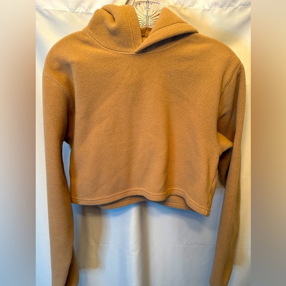 TNA Aritzia Women’s Size XS Cozy Fleece Cropped Hoodie Tan Hood Logo - Picture 1 of 9